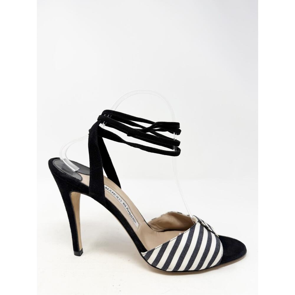 Manolo Blahnik Striped Bow Ankle Wrap Sandal Heels Womens Size EU 41 - Picture 5 of 10
